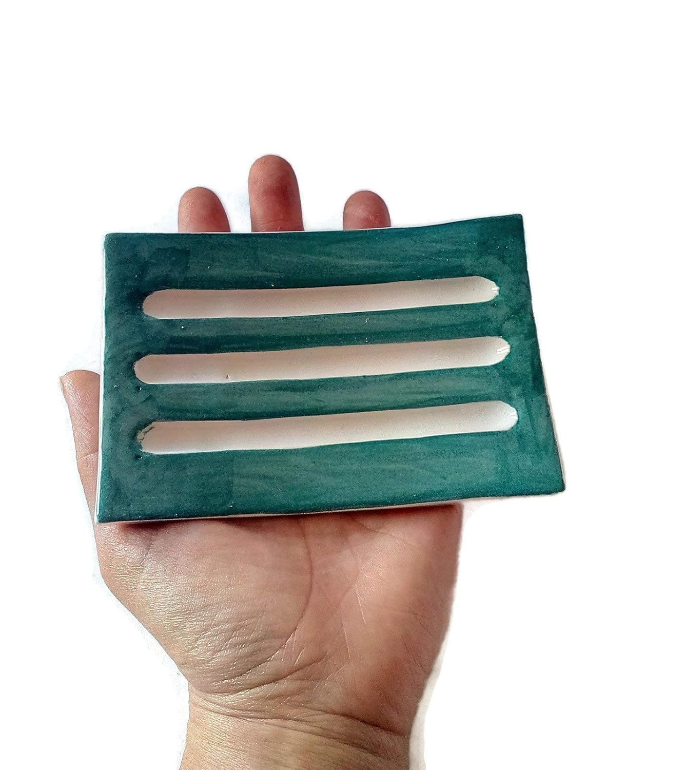 Dark Green Handmade Soap Dish Ceramic Minimalist Rectangle