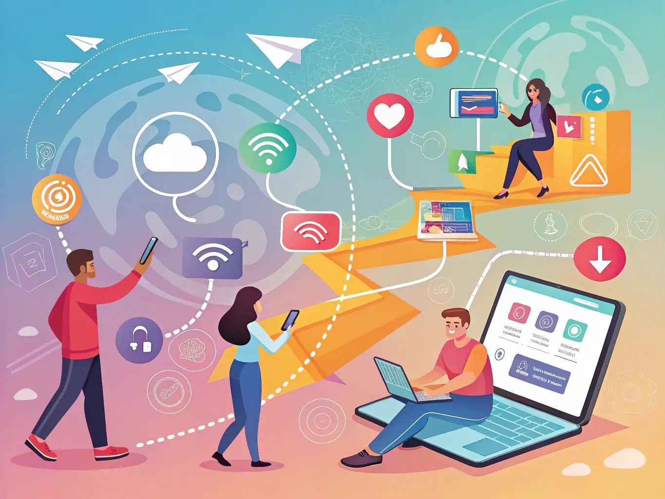 A seamless integration of various digital platforms on multiple devices, showcasing a unified customer experience across all channels, representing omnichannel digital enablement.
