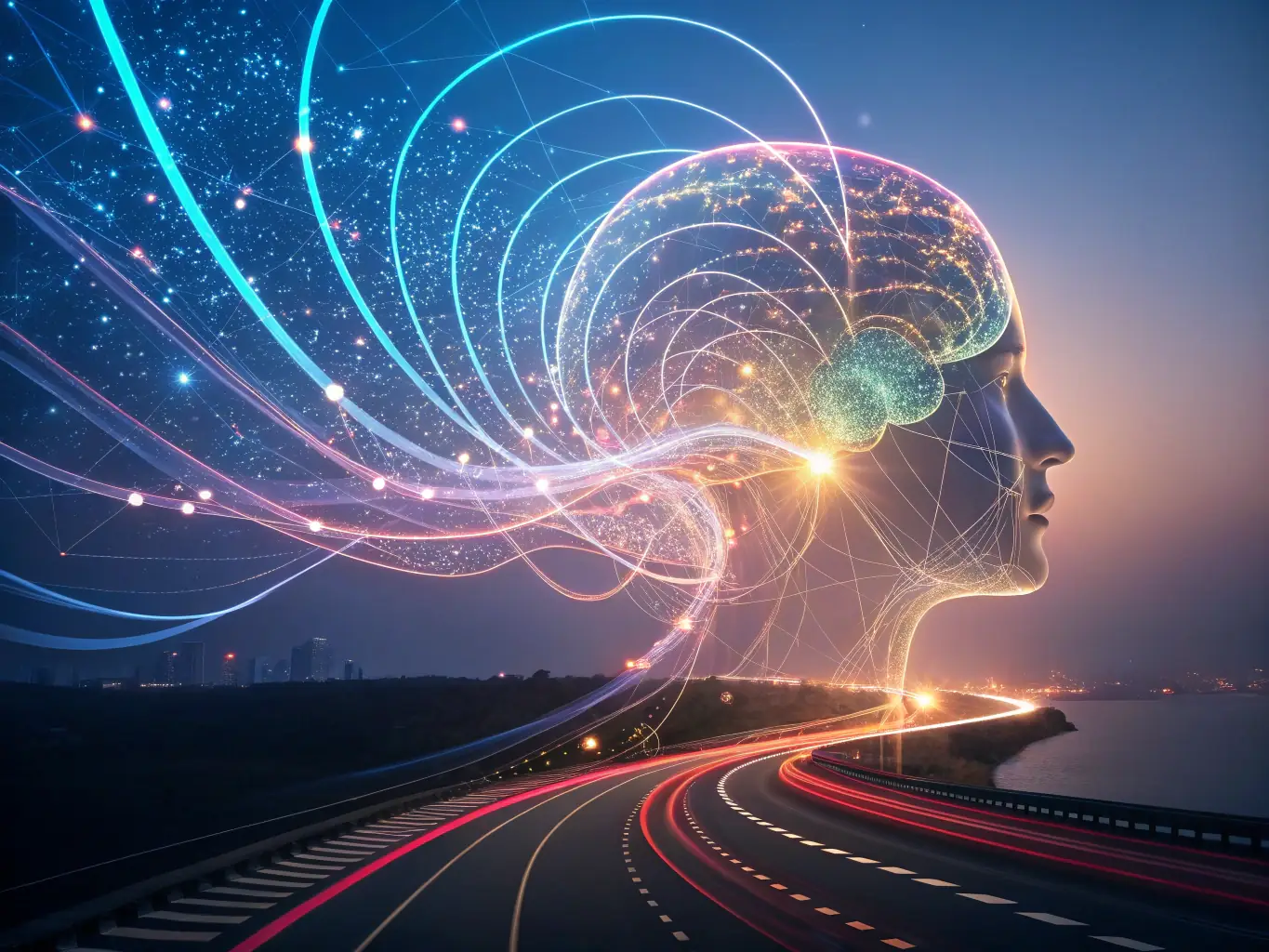 An abstract image representing adaptive intelligence, with neural network patterns and evolving algorithms.