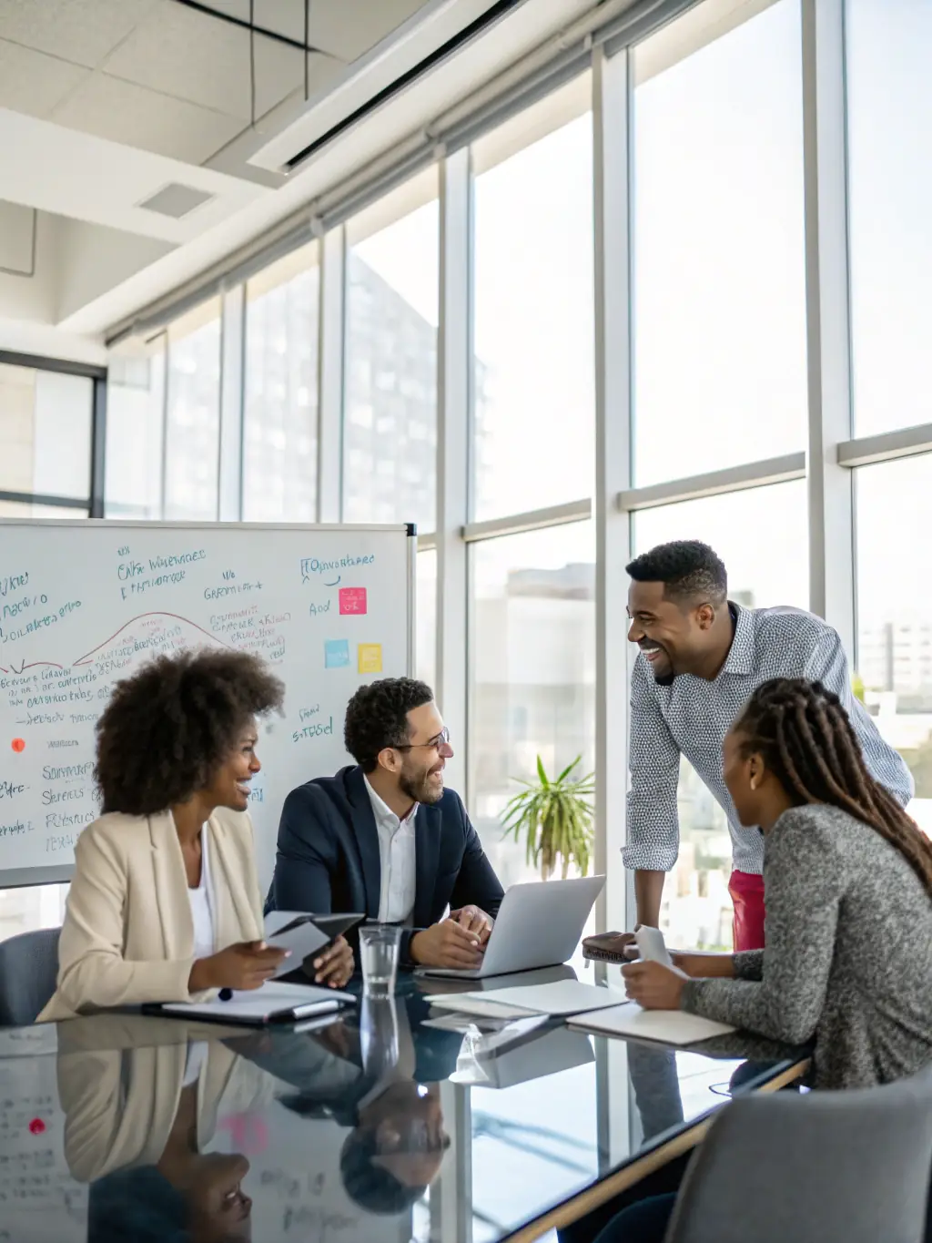 A diverse team of PolarisClave consultants brainstorming innovative solutions in a modern office setting, representing the collaborative spirit of the company.