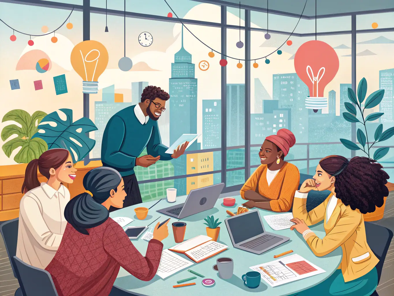 A diverse team of consultants collaborating around a table, reviewing strategic plans and discussing innovative solutions in a modern office setting, symbolizing agile decision-making.